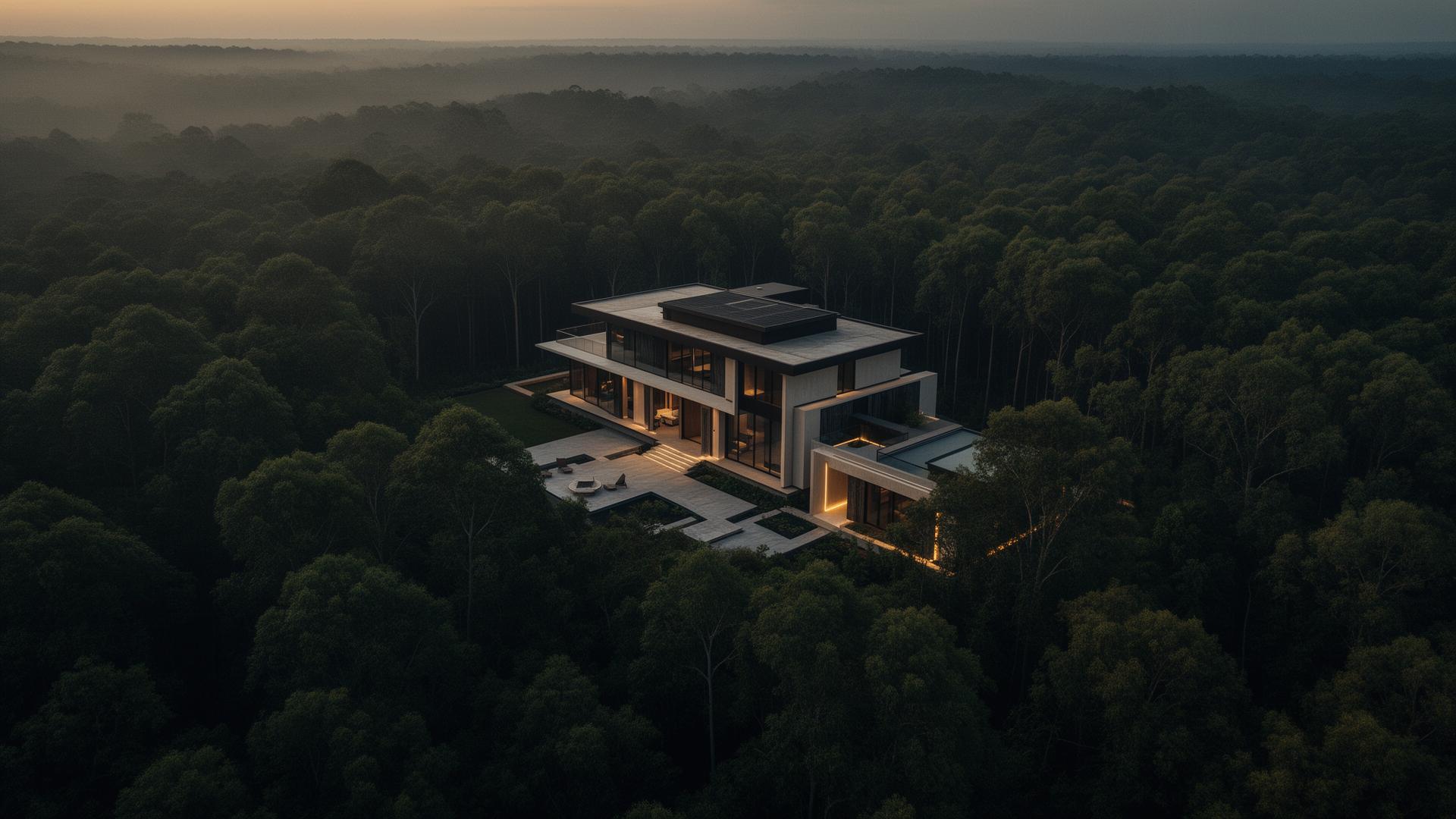 Modern home at dawn, set in a deep forest